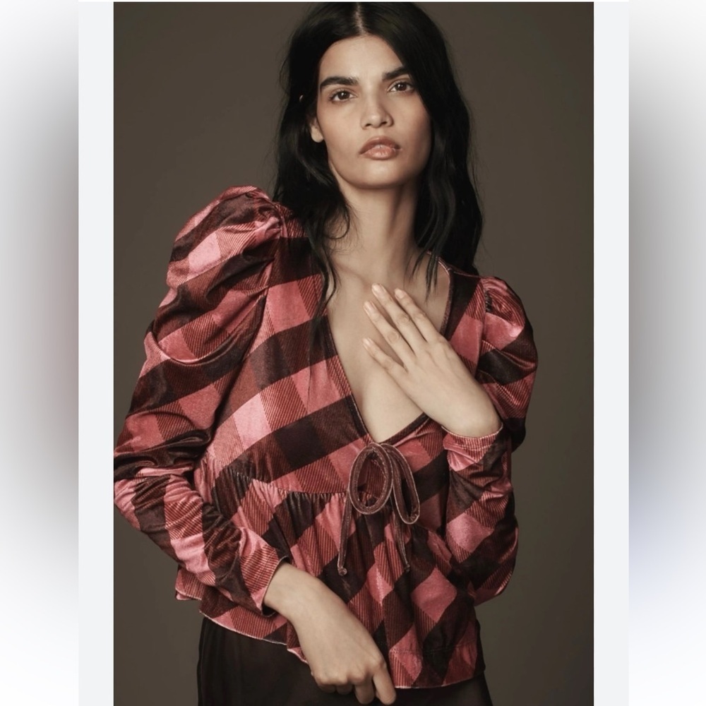 Anthropologie Maeve Velvet Plaid Babydoll Top - Large